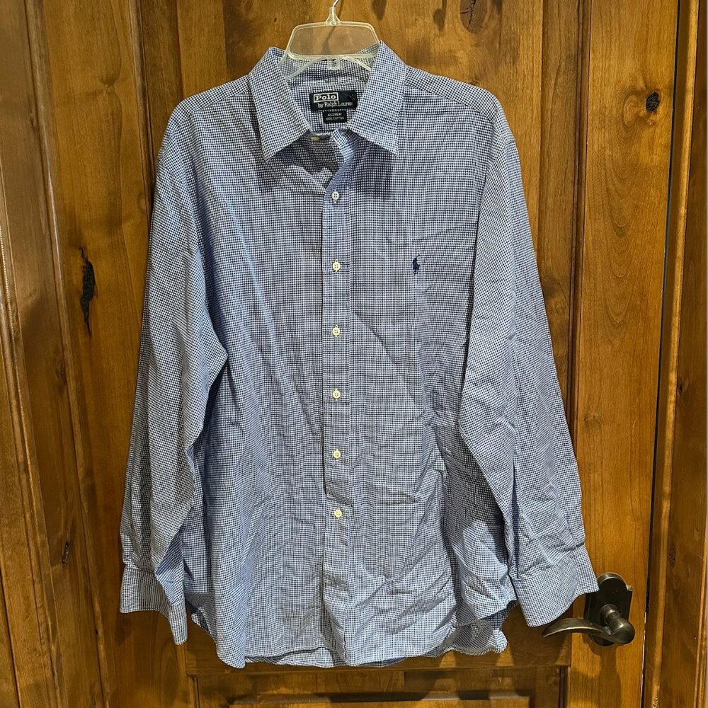 EUC Men's Polo Ralph Lauren Andrew Blue Checkered Dress Shirt Size 17 34/35